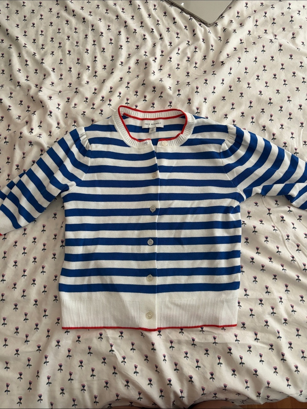 Striped Blue & White Crewneck Cardigan with Red Trim